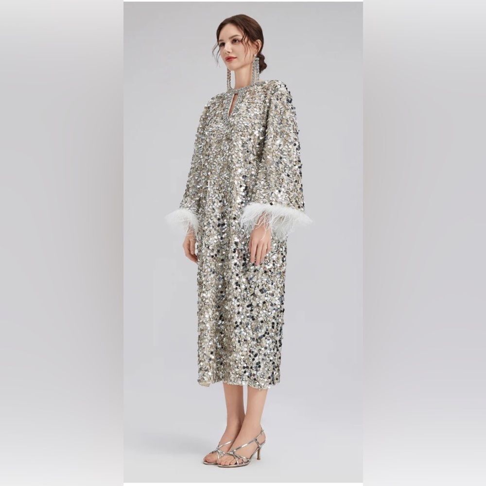 Stunning Sequin Midi Dress with Feather Trim
